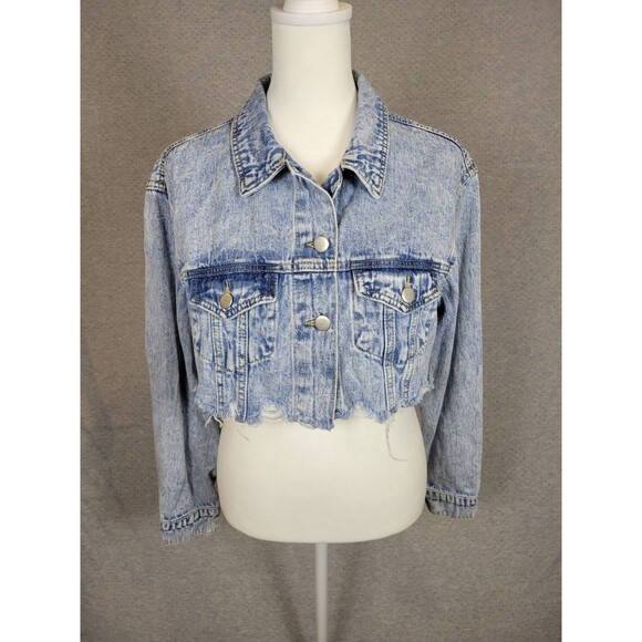 Windsor Cropped Denim Jacket Womens Small Blue Distressed Acid Wash 90s Grunge - Picture 1 of 12